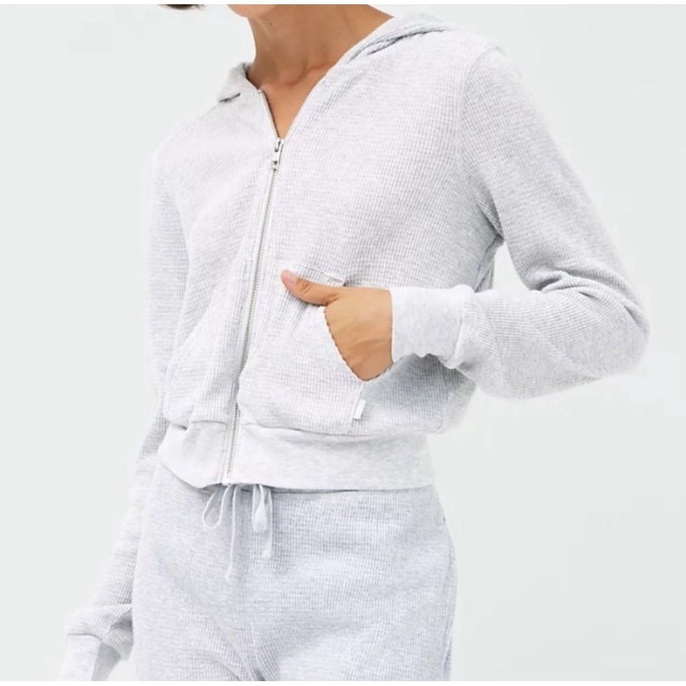 Aritiza TNA thermal zipped crop hoodie Heather chrome grey gray XxS 2xs
